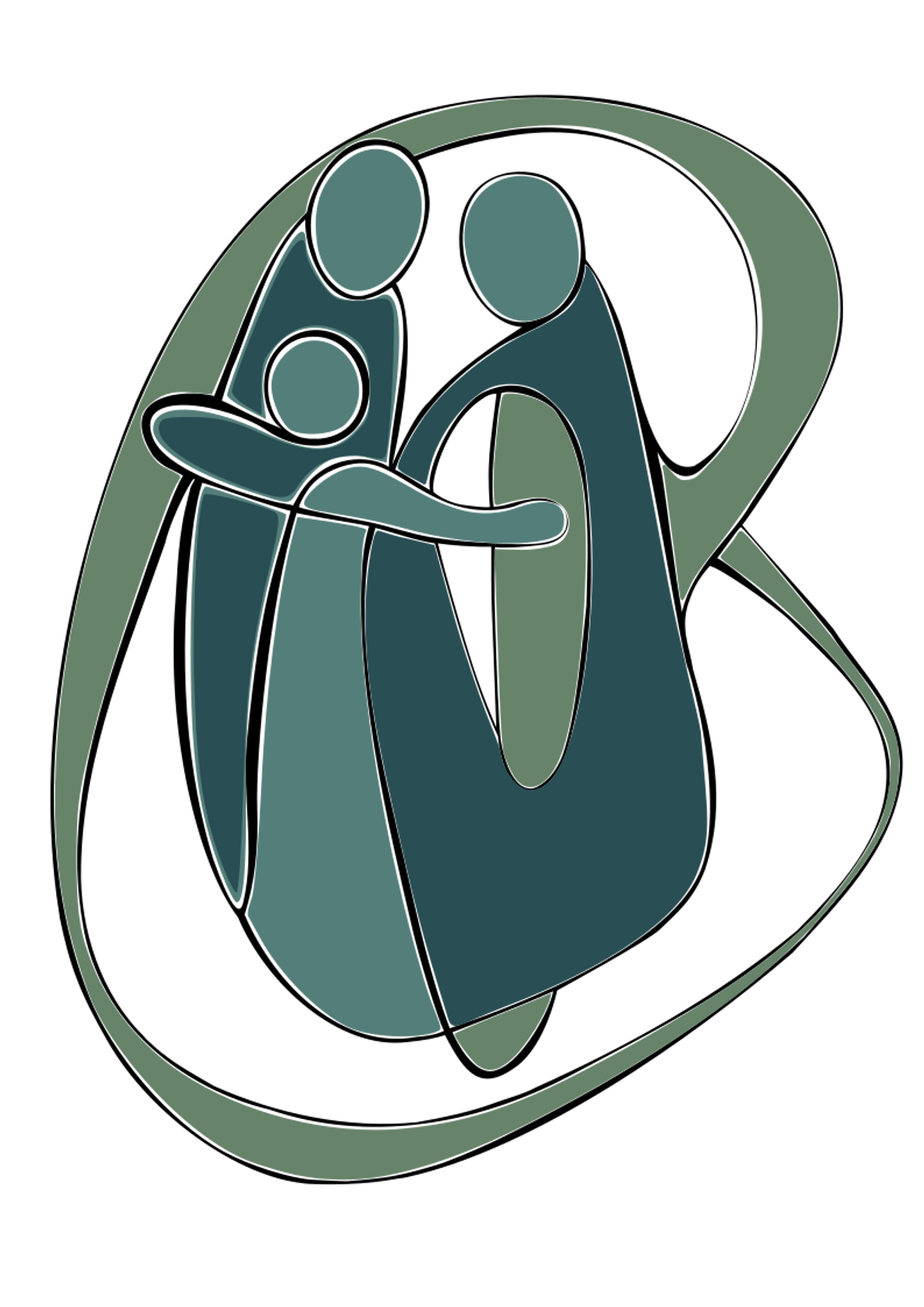 A stylized representation of parents using their body to shelter and at the same time lift an offspring